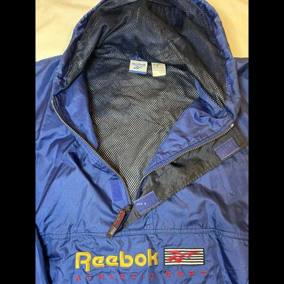 Reebok XL Windbreaker 1/4 Zip Roll-Up Hood Deep Blue 80s Style VTG‎ RARE - Picture 6 of 9